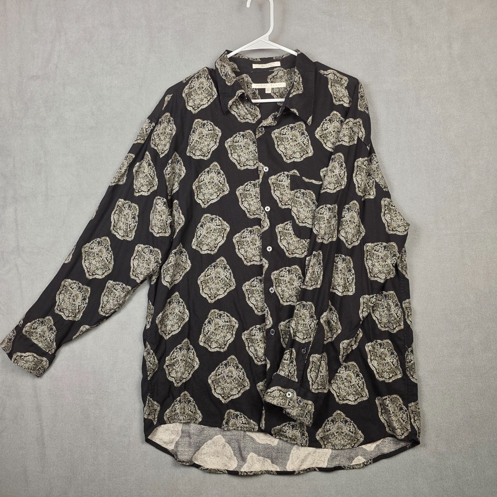 Perry Ellis Men's Size XL Long Sleeve Button-Down Rayon Black Patterned Shirt